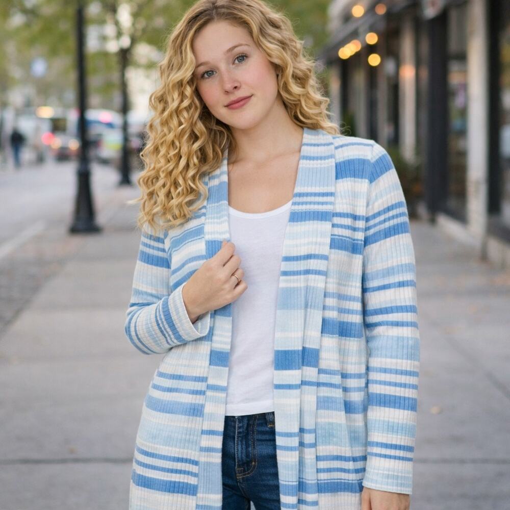 Time & Tru Duster Sweater Cardigan Blue White Stripe Ribbed Knit Womens 22 XXL
